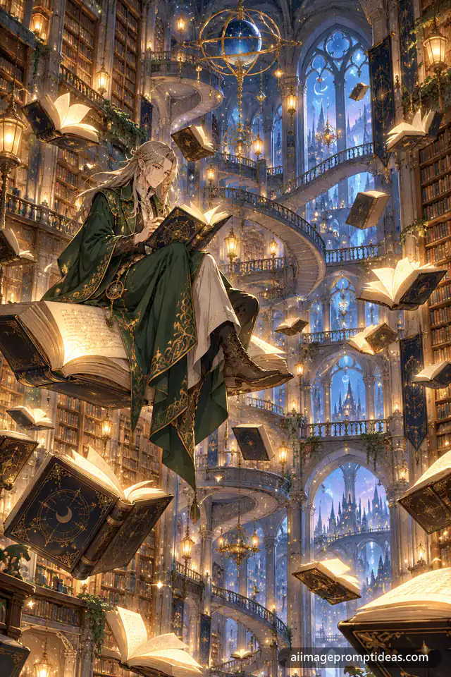 Anime magic library with floating glowing books and a mage reading on a book, AI generated