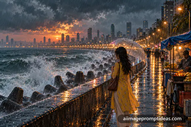 Anime illustration of a girl with an umbrella on Mumbai's seafront in monsoon rain, AI generated