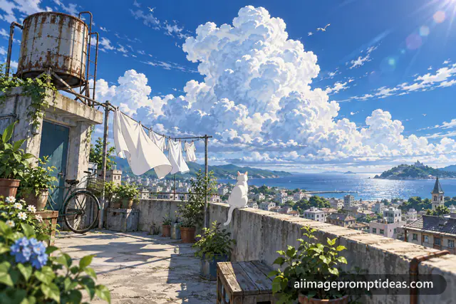 Anime scenery of a city rooftop with a white cat, laundry and huge white summer clouds, AI generated