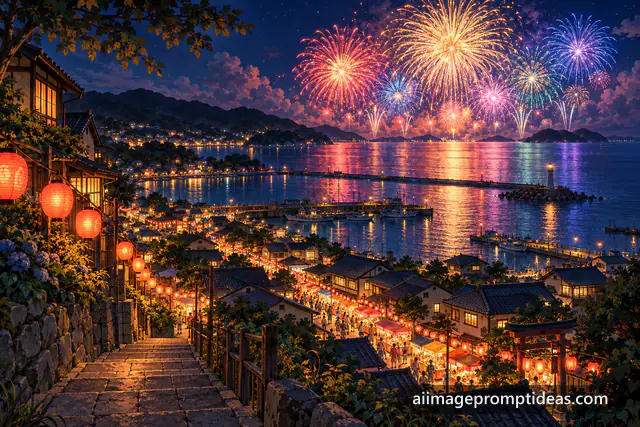Anime seaside town with glowing lanterns and colorful fireworks reflected in the sea, AI generated