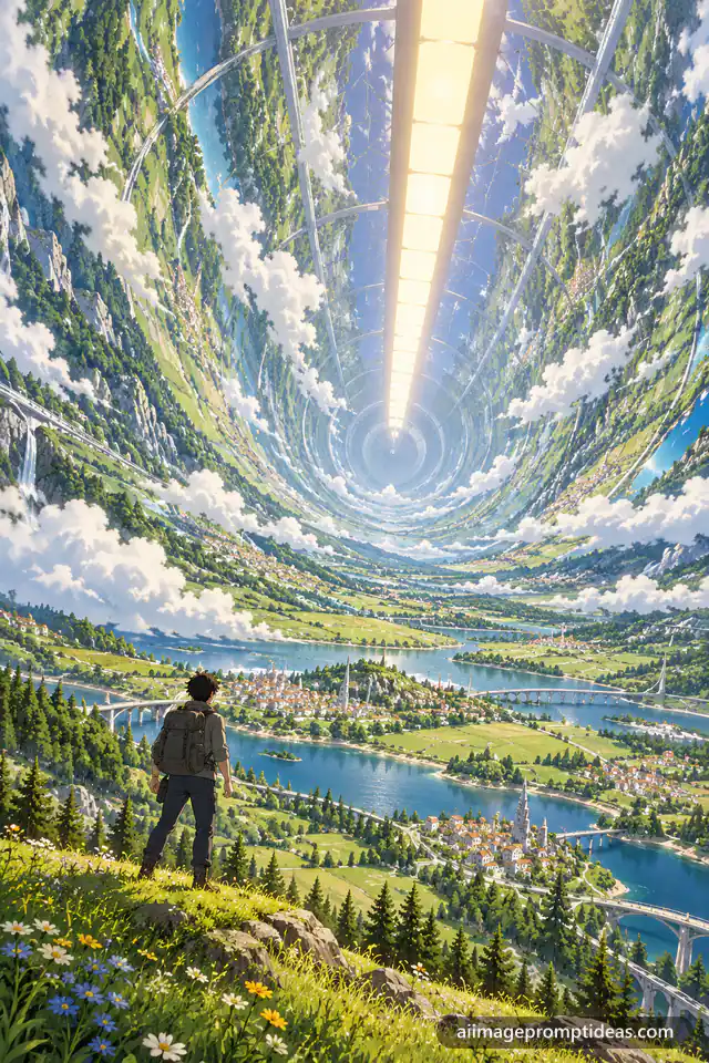 Anime interior of a giant cylinder space colony with fields and towns curving overhead, AI generated