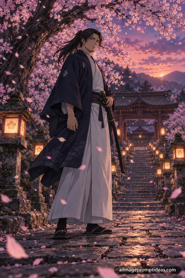 Anime swordsman in a dark haori standing under falling cherry blossoms with glowing lanterns, AI generated