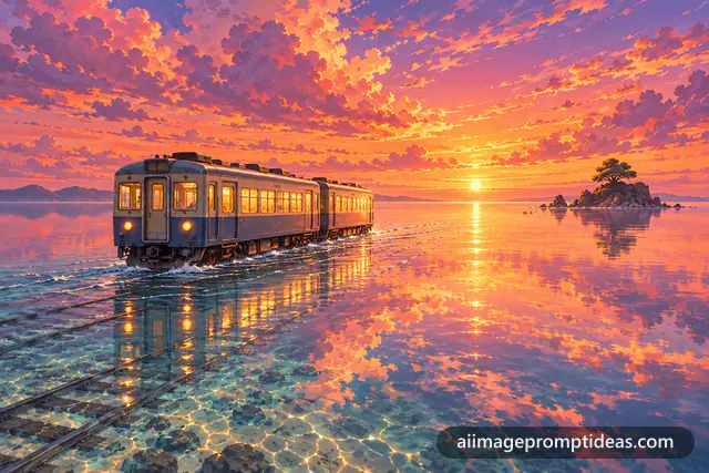 Anime train gliding on rails just under a calm sea reflecting a glowing sunset sky, AI generated