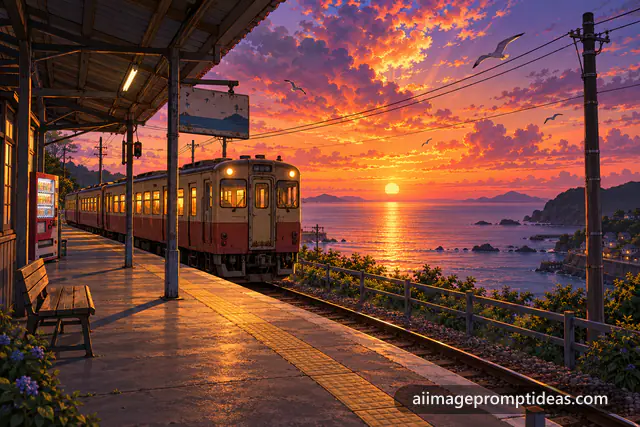 Anime scenery of a seaside train station at sunset with an old train and a glowing sky, AI generated