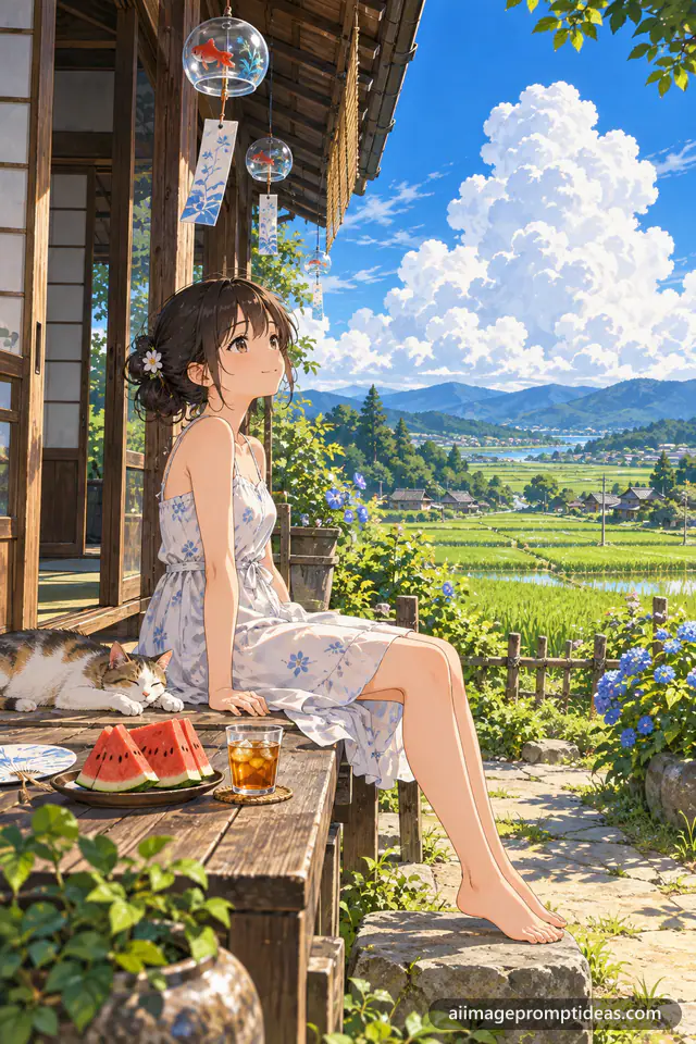 Anime woman on a summer veranda with wind chimes and watermelon, AI generated
