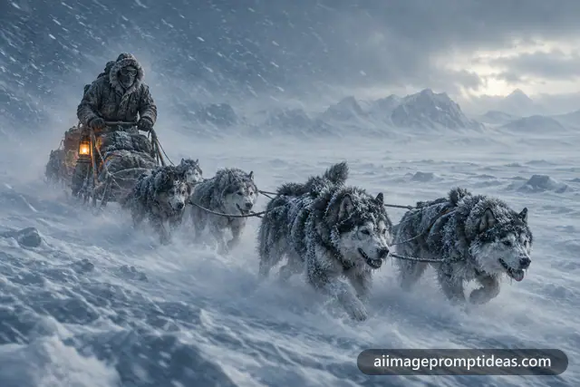 Explorer and sled dogs crossing the ice in an Arctic blizzard, AI generated