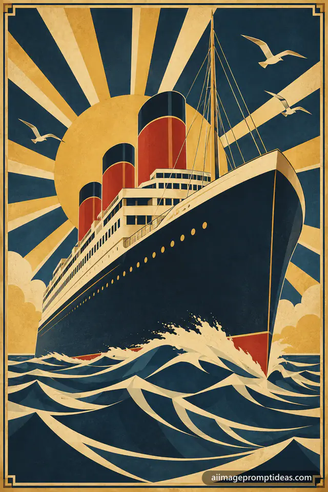 Art Deco style poster of an ocean liner with geometric waves and sun rays, AI generated