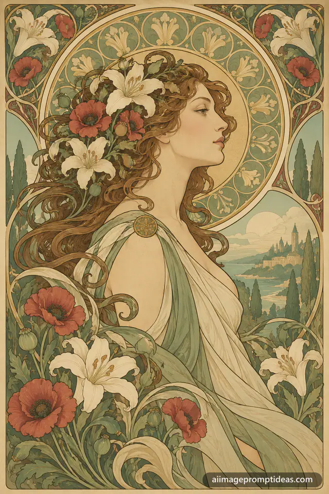 Art Nouveau poster of a woman with flowing hair and lilies framed by ornate floral borders, AI generated