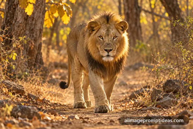 Male Asiatic lion walking through dry teak forest in Gir at dawn, AI generated