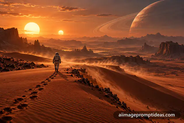 Lone astronaut walking across red dunes on an alien planet with two suns and a ringed planet, AI generated