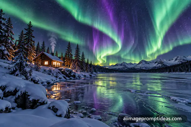 Green and violet northern lights over a snowy cabin with glowing windows by a frozen lake, AI generated