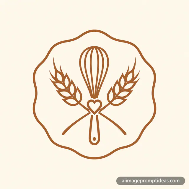 Minimal caramel brown bakery logo of a whisk and wheat stalks with a small heart, AI generated