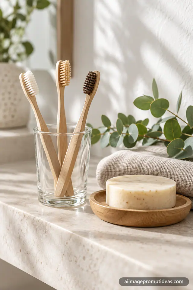 Bamboo toothbrushes in a glass beside natural soap and a linen towel on a stone shelf, AI generated