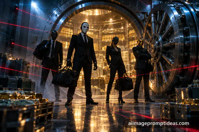 Masked heist crew in black suits inside an open bank vault with gold bars, AI generated