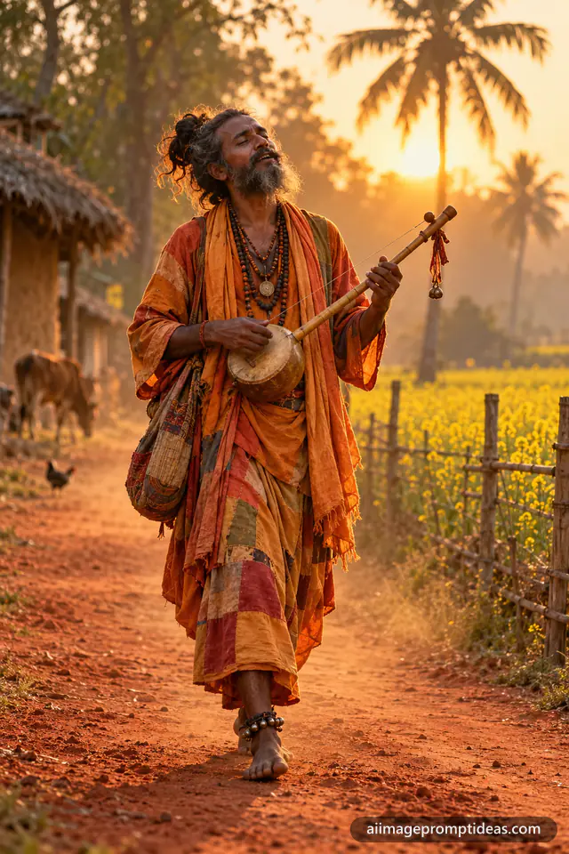 Baul folk singer in saffron robes playing an ektara on a Bengal village path, AI generated