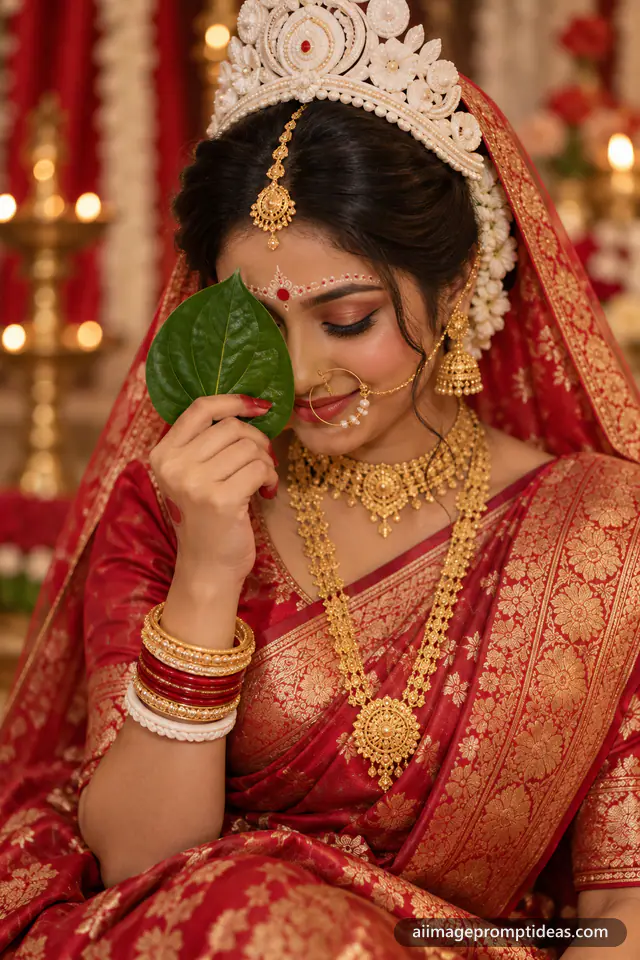 Bengali bride in a red saree with a white shola mukut and chandan art holding a betel leaf, AI generated
