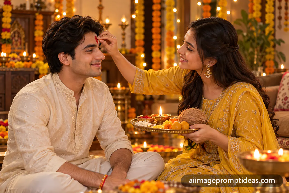Sister applying a red tilak on her brother's forehead with a puja thali and diya for Bhai Dooj, AI generated