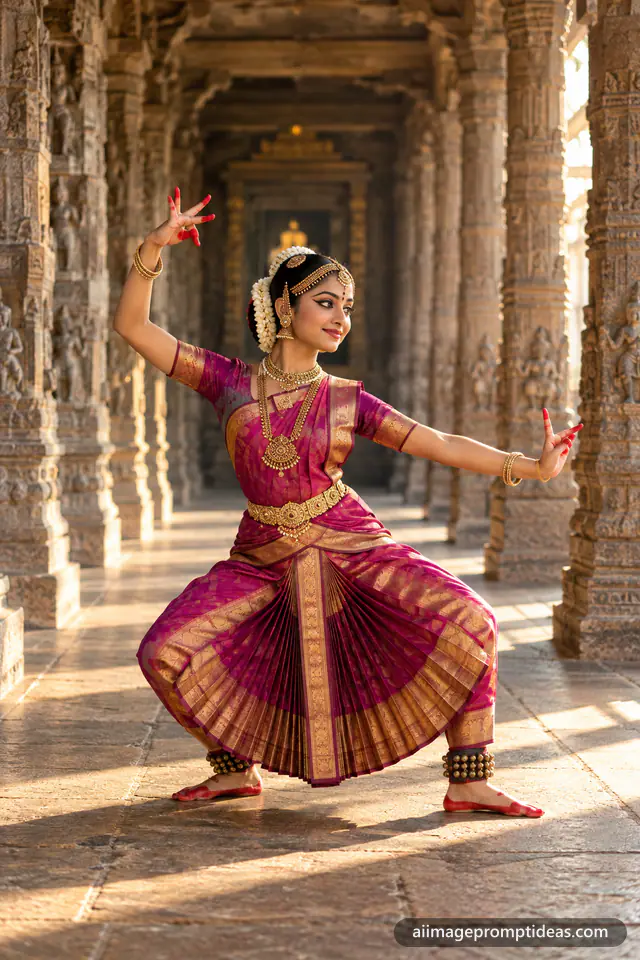 Bharatanatyam dancer in a magenta silk costume posing in a carved temple corridor, AI generated