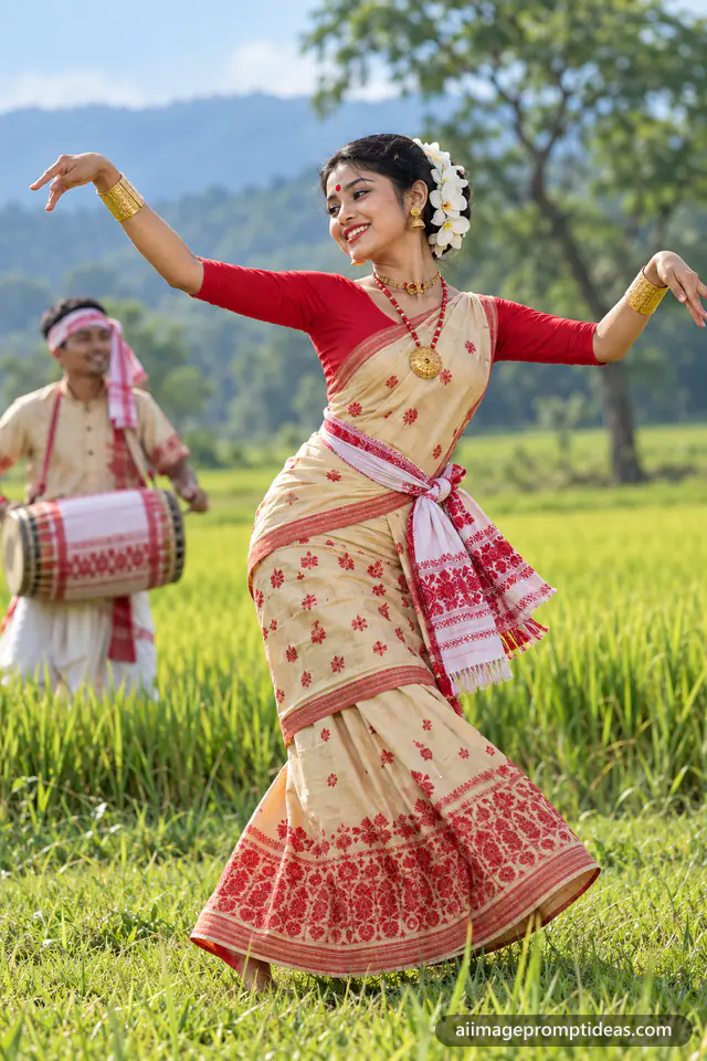 Assamese woman dancing Bihu in a cream and red mekhela chador in a green field, AI generated