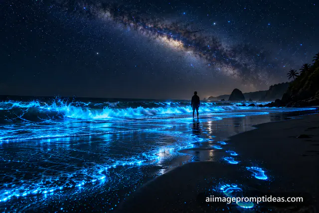 Glowing blue bioluminescent waves on a dark beach under the Milky Way with a lone figure, AI generated