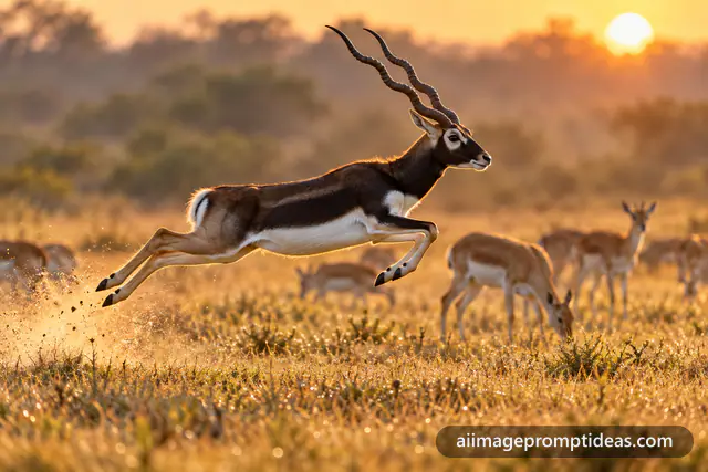 Male blackbuck with spiral horns leaping across golden grassland, AI generated