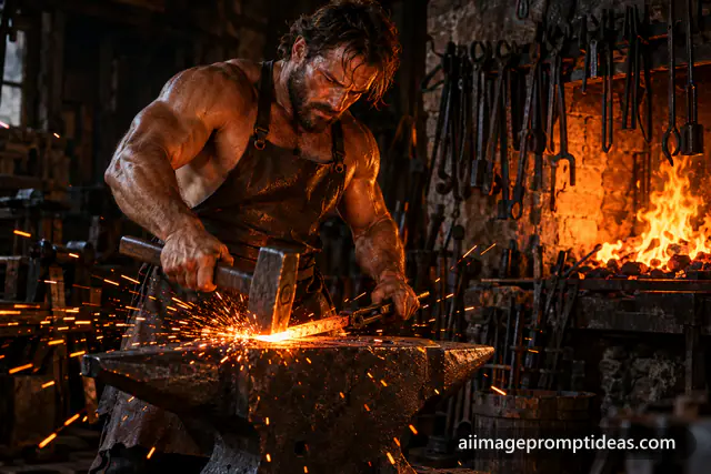 Blacksmith hammering glowing red-hot iron on an anvil with sparks flying in a dark forge, AI generated