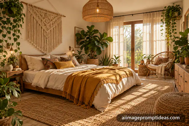 Cozy boho bedroom with a macrame wall hanging, rattan lamp, plants and morning sunlight, AI generated