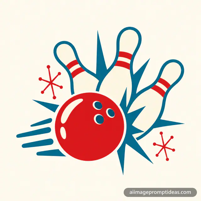 Retro flat vector bowling alley logo with a ball striking pins, AI generated