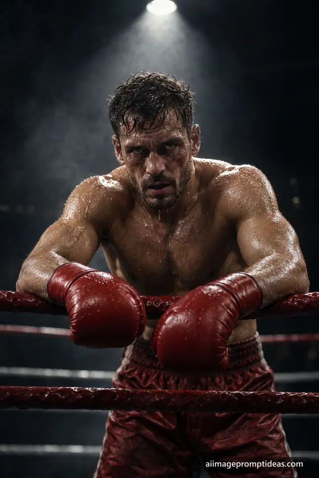 Sweaty boxer in red gloves leaning on the ropes under a hard spotlight in a dark ring, AI generated