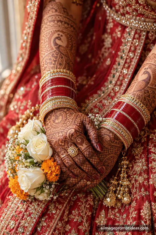 Close-up of bridal hands with intricate mehendi, red bangles and a small rose bouquet, AI generated