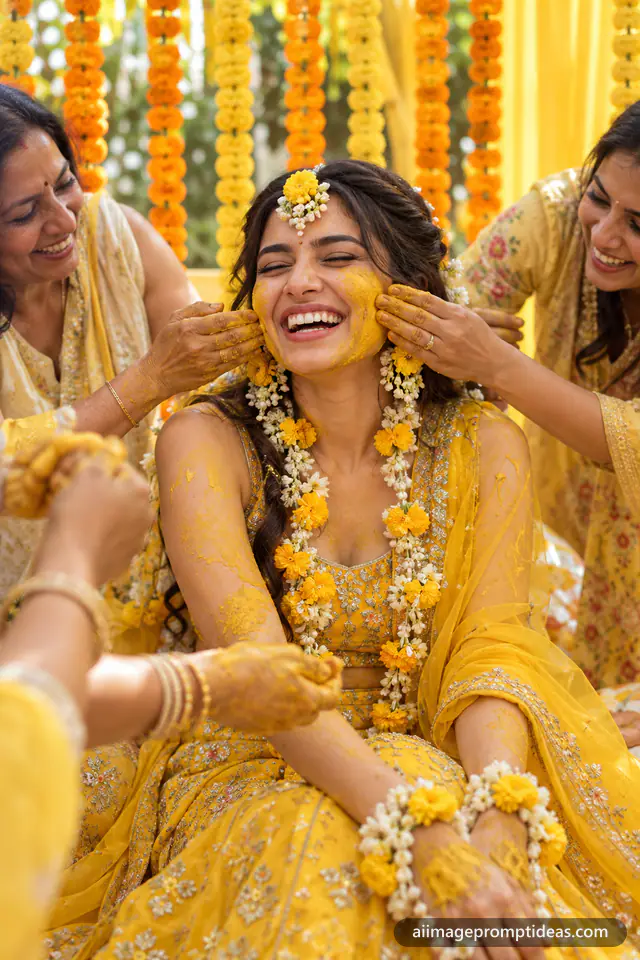 Bride in a yellow lehenga laughing as family apply haldi paste during the ceremony, AI generated