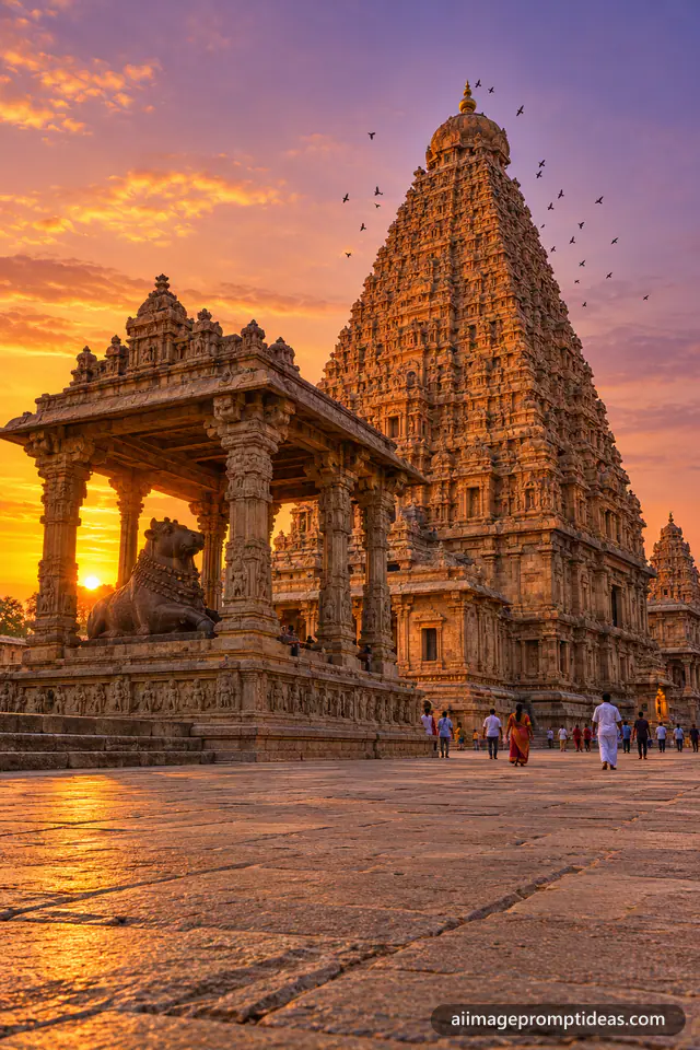 Brihadeeswarar Temple granite tower in Thanjavur glowing at sunset, AI generated