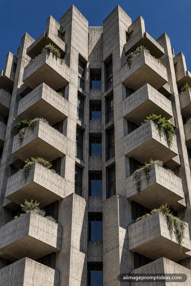 Monumental brutalist concrete building with repeating geometric balconies against a blue sky, AI generated