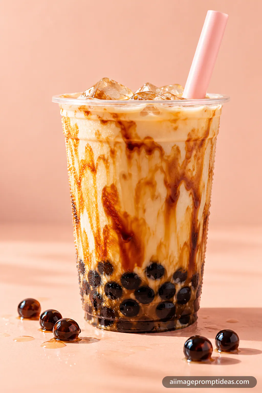 Brown sugar bubble tea with tiger stripes and tapioca pearls in a clear cup with a pink straw, AI generated