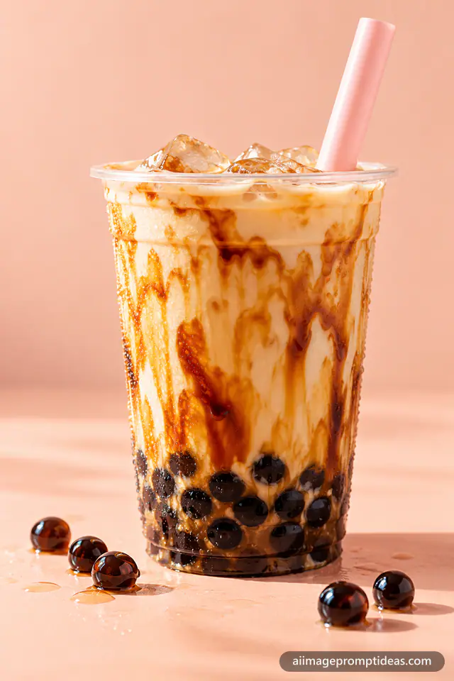 Brown sugar bubble tea with tiger stripes and tapioca pearls in a clear cup with a pink straw, AI generated
