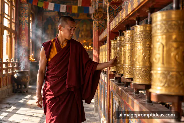 Buddhist monk in maroon robes spinning golden prayer wheels in a monastery corridor, AI generated