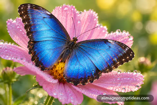Blue morpho butterfly resting on a pink flower covered in dew drops with green bokeh, AI generated