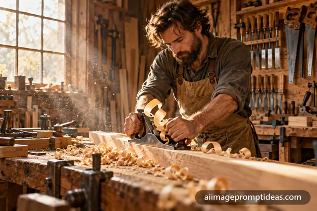 Carpenter pushing a hand plane on a plank with wood shavings in a sunlit workshop, AI generated