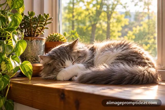 Fluffy grey and white cat sleeping on a sunny windowsill with plants, AI generated