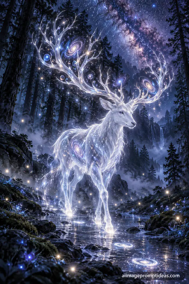 Glowing spirit deer with antlers full of stars walking through a misty night forest, AI generated