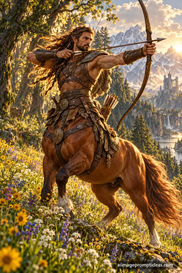 Centaur archer drawing a longbow in a sunlit wildflower meadow at a forest edge, AI generated
