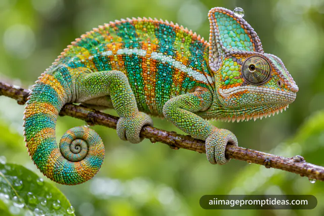 Colorful chameleon with a curled tail gripping a twig, AI generated