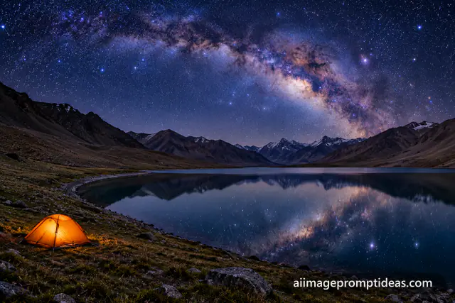 Chandratal Lake reflecting the Milky Way at night with a glowing tent on the shore, AI generated