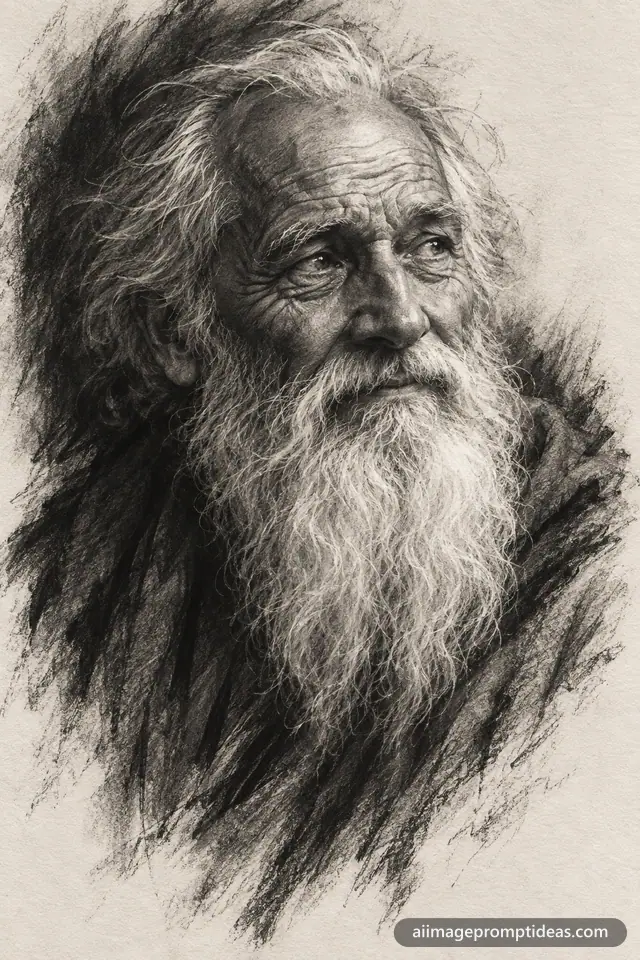 Expressive charcoal sketch of an elderly man with a long white beard on textured paper, AI generated