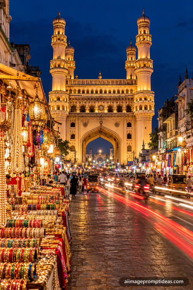 Charminar glowing golden at night above the busy Laad Bazaar with bangle shops, AI generated