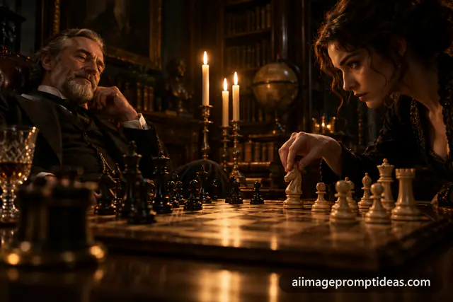 Two rivals playing chess by candlelight in a dark study, AI generated