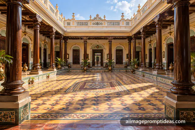 Chettinad mansion courtyard with teak pillars and colorful Athangudi tiles in afternoon light, AI generated