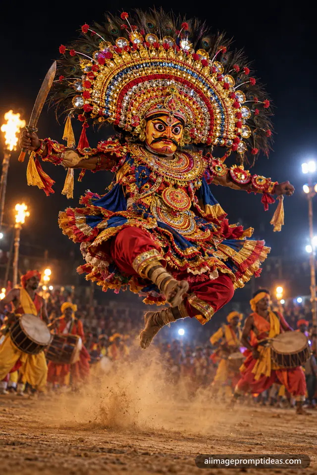 Chhau dancer in a huge ornate painted mask leaping mid-air in a night performance, AI generated