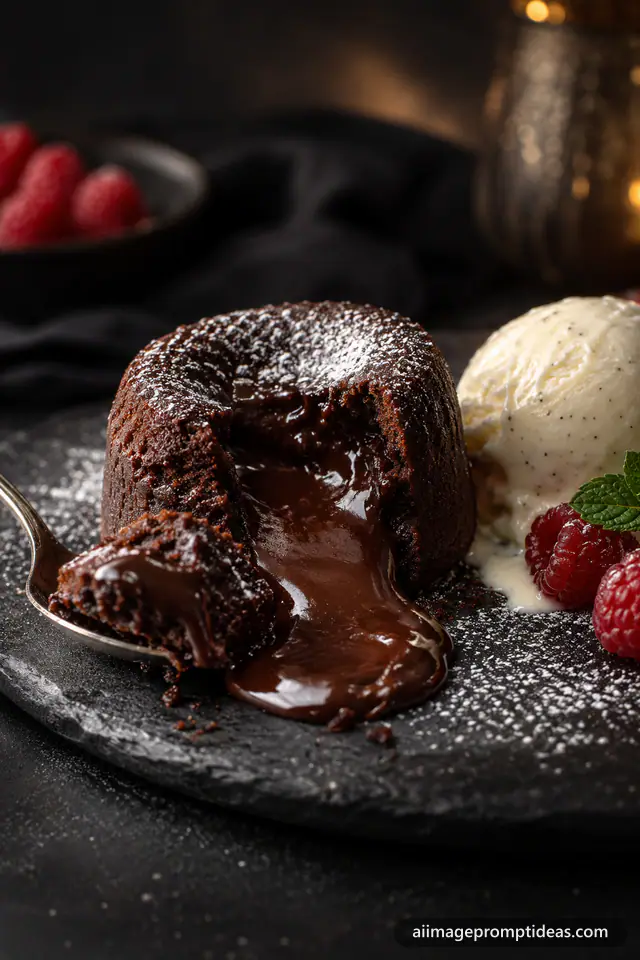 Chocolate lava cake cut open with molten chocolate, vanilla ice cream and raspberries on a slate plate, AI generated