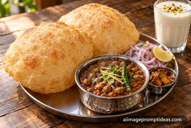 Puffed golden bhature with spicy chole, onions, pickle and lassi on a steel plate, AI generated